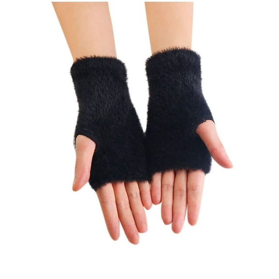 qolati Knit Arm Warmers Faux Furs Fingerless Gloves for Women Hand Warmers Glove Winter Wrist Warmers with Thumb Hole