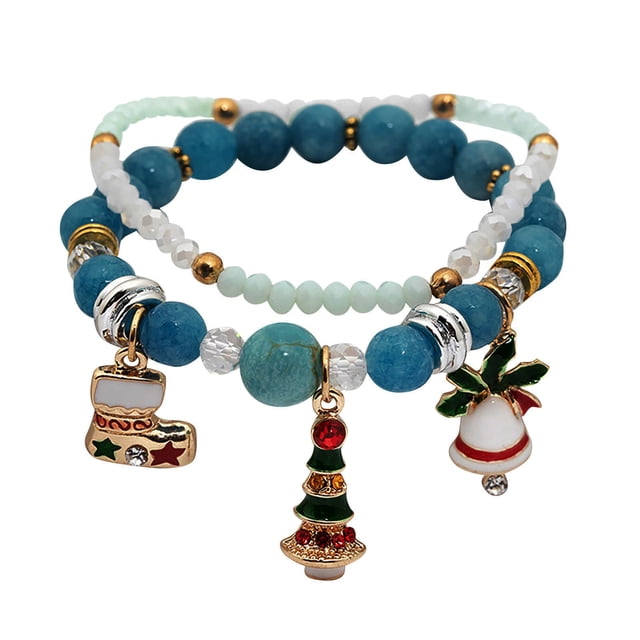 Christmas Gift Bell Snowman Double Elastic Bracelet Christmas Tree Santa Gift Hand String Beads