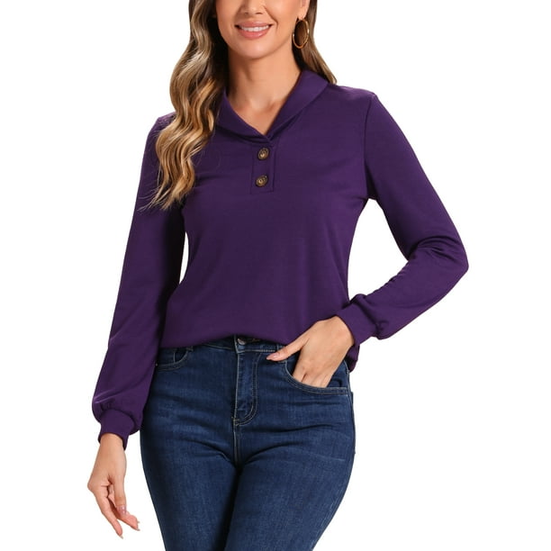 BLUSA CASUAL SÓLIDA DE MANGA LARGA CON CUELLO EN V Y 2 BOTONES PARA MUJERES CHIC INSPIRADAS L MORADO OSCURO