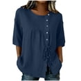 thumbnail image 2 of Mifsaly Vacation Tops for Women Button Down Short Sleeve Linen Shirts with Drawstring Hem Lightweight Flowy Loose Fit Textured Summer Boho Clothes Blue,L, 2 of 7