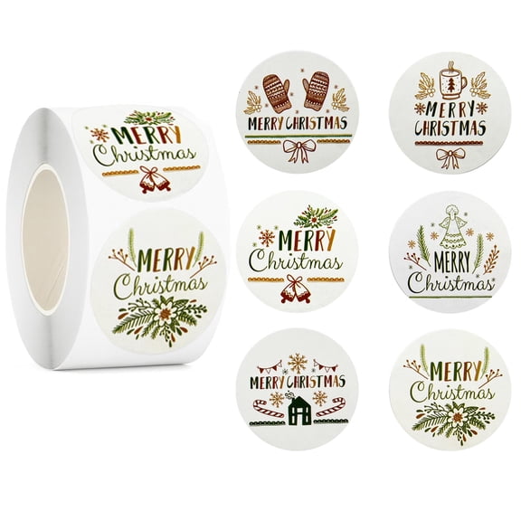 500 Pcs Merry Christmas Stickers Roll | 6 Elegant White & Gold Designs | 1.5 Inch Round Self-Adhesive Labels for Holiday Gifts, Envelopes, Baking, and Crafts
