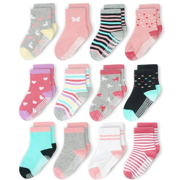 CozyWay Toddler Socks with Grippers - Grippy Cotton Ankle Socks for Toddlers Girls & Boys - 3T-5T, Pink/Gray Multicolor, 12 Pack