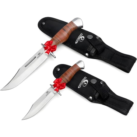 2-piece Bowie Knife Fixed Blade Hunting Knife with Leather Handle Sheath Iluded