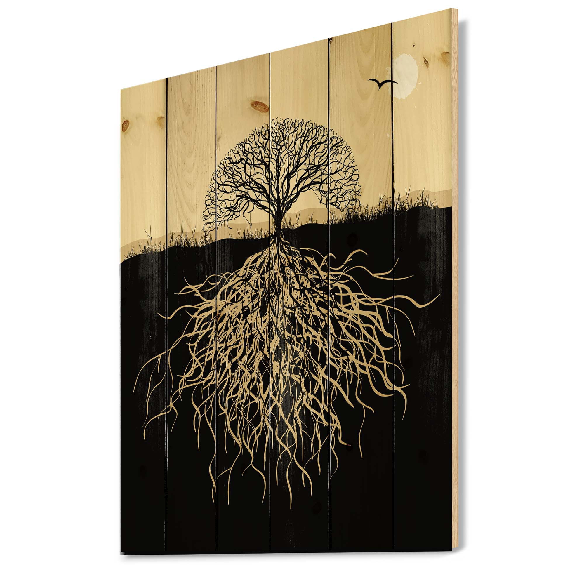 Designart 'Tree Silhouette With Underground Roots' Traditional Print on Natural Pine Wood