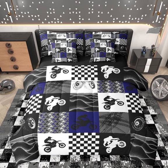 Homewish Motorcycle Motor Biker 7-Piece Twin Bedding Sets,Extreme Speed Sport Bedding Comforter Set,Gray Splatter Ink Sheet Sets For Children,Luxury Bedroom Decor Reversible