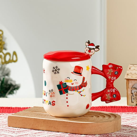 NWOKYZGH Christmas Mug Ceramic Merry Christmas Tree Mug with Spoon and Lid Festive Xmas Gift Cup for Hot Chocolate Coffee Eggnog, Microwave and Dishwasher Safe