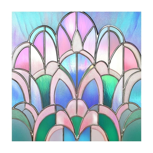 Green Fan Shaped Art Glass Window Film Static Cling Privacy Decal For Home Interior