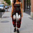 thumbnail image 4 of JULMCOMO Halloween Jumpsuits for Women Cotton Linen Bat Pumpkin Ghost Printed Spaghetti Strap Holiday Jumpsuits Plus Size Loose Cute Print Overalls Red XL, 4 of 5