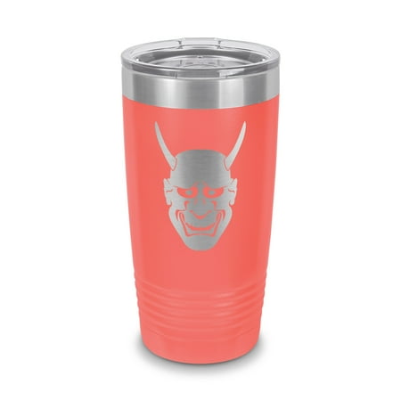

Hannya Mask Tumbler 20 oz - Laser Engraved w/ Clear Lid - Stainless Steel - Vacuum Insulated - Double Walled - Travel Mug - jdm jealous female demon japanese noh theater devil - Coral