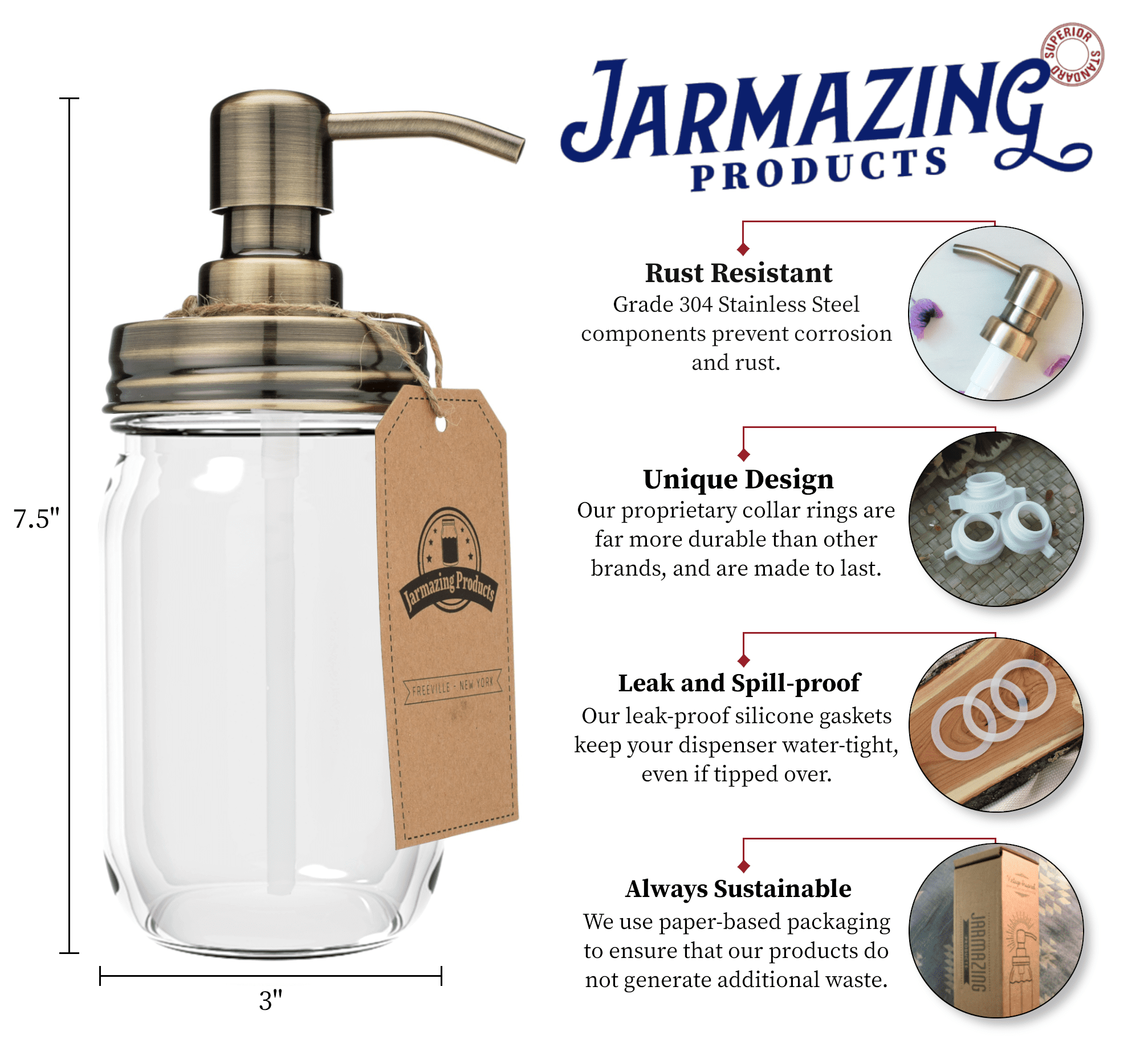 Jarmazing Products Mason Jar Soap Dispenser - Brass - With 16 Ounce Clear Mason Jar - Two Pack