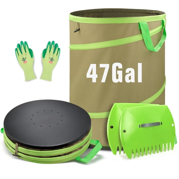 Colwelt 47 Gallon Leaf Bags Collapsible, Hardshell Bottom Heavy Duty Collapsible Garden Bag Include Leaf Scoop, Garden Gloves