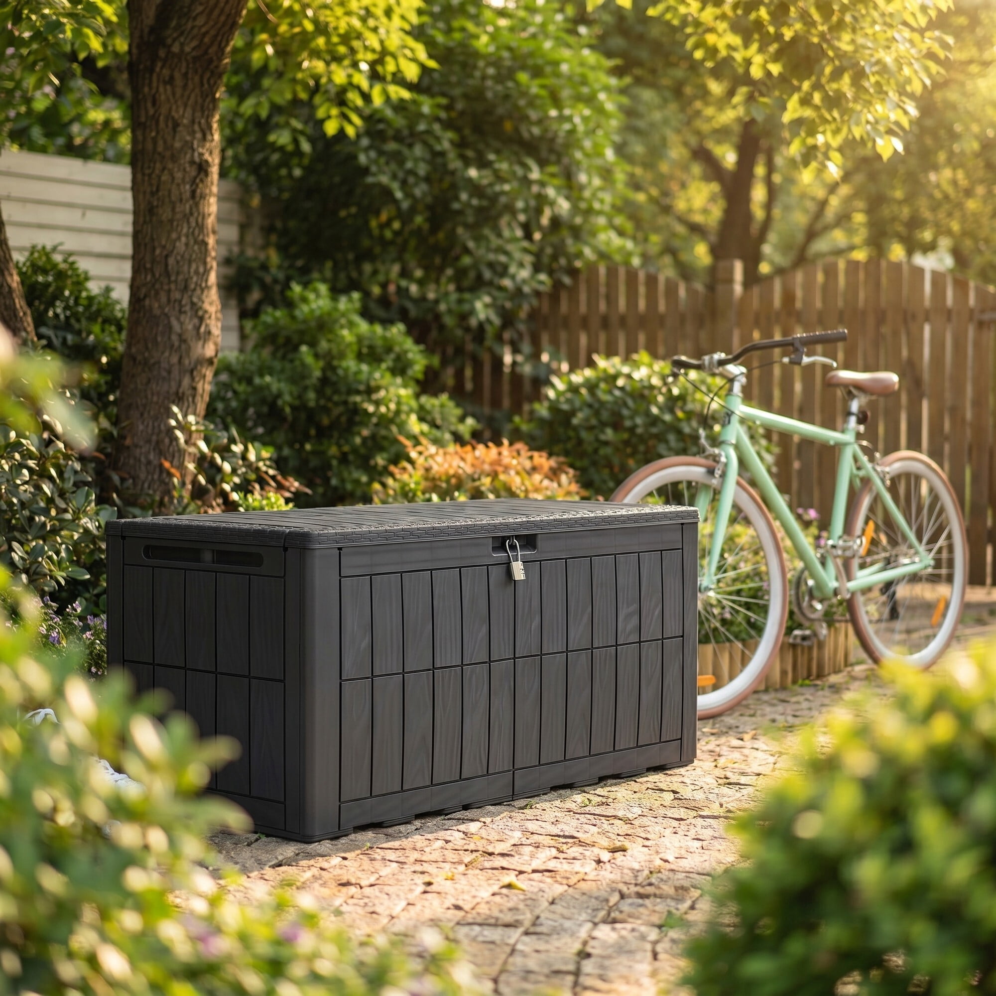 Uforic 110 Gallon Waterproof Outdoor Deck Box, Lockable Resin Storage Box, 2 Person Patio Storage Bench for Cushions Garden Tools Pool Supplies, Dark Gray