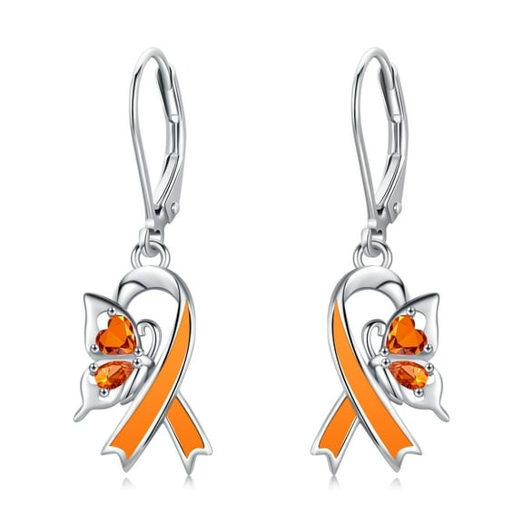 Midir&Etain Leukemia Awareness Earrings 925 Sterling Silver Butterfly Dangle Drop Earrings Orange Ribbon Kidney Cancer Survivor Jewelry Gifts for Women
