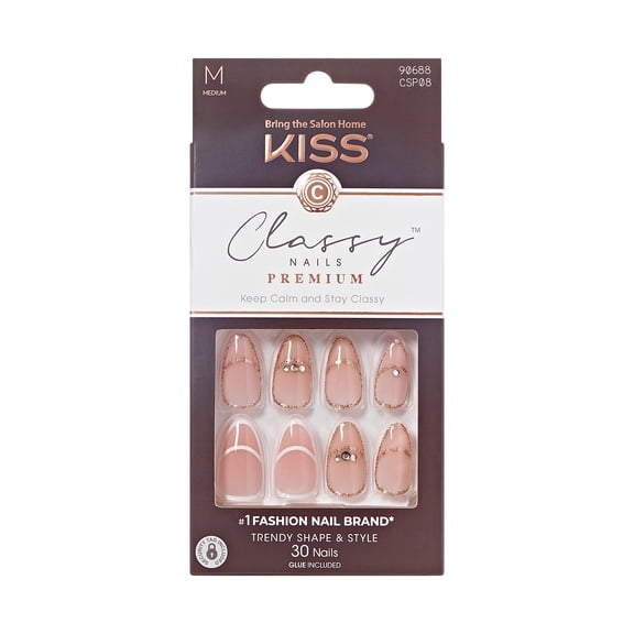Kiss Premium Classy Press On Nails Almond, ‘Over the Moon’, Pink, Medium, 30 Count