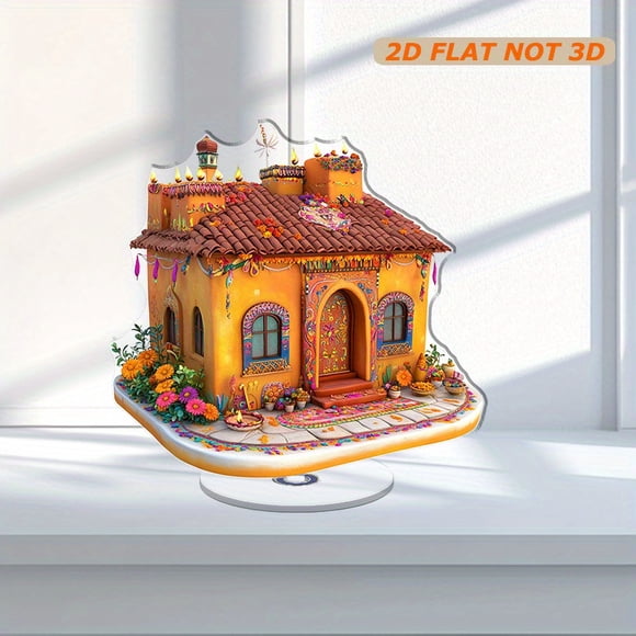 Rotating acrylic display featuring a Diwali clay house with a tiled roof intricately painted walls diyas rangoli marigold flowers and colorful streamers