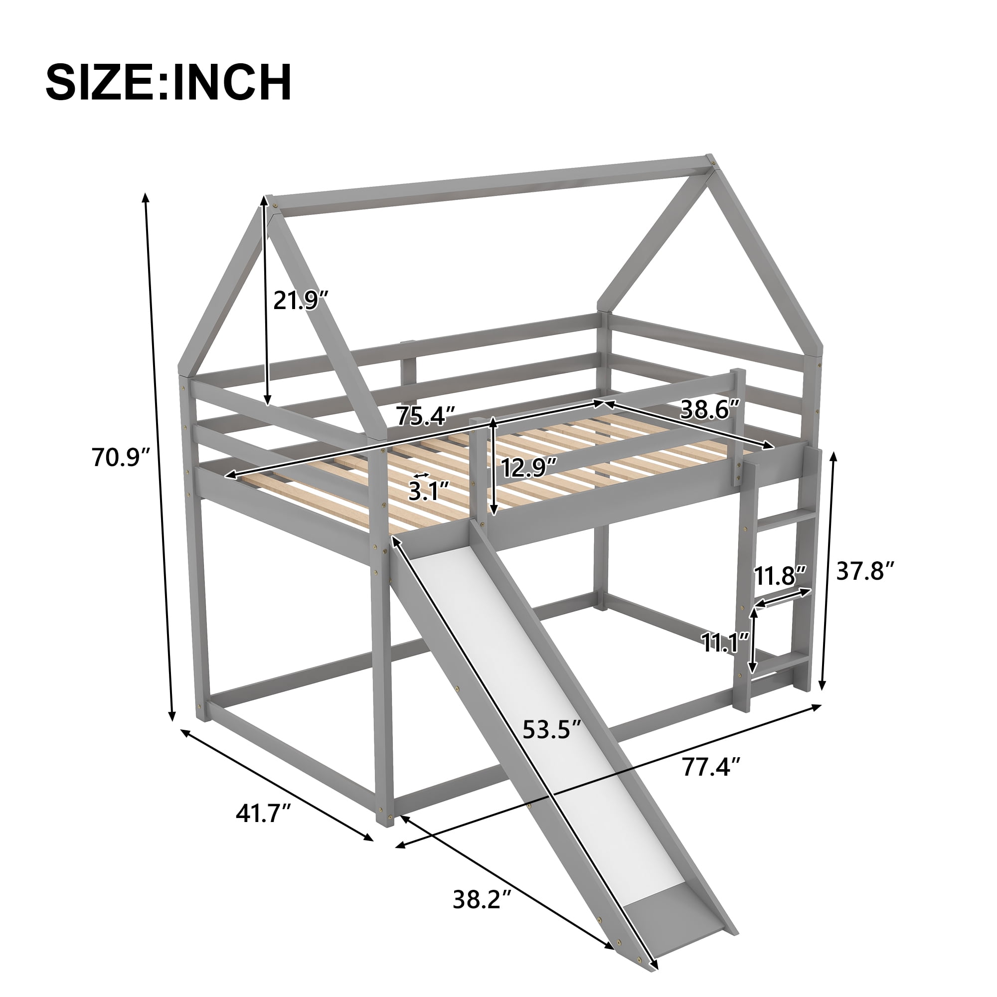 Aukfa Bunk Bed with Slide, Twin-over-Twin House Bed Frame for Kids - Gray