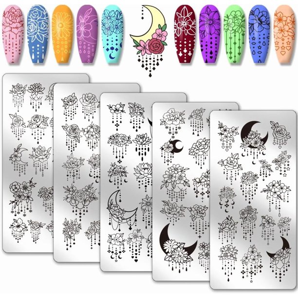 5 placas para estampar uñas con diseño floral de cadena de cuentas, plantillas para estampar uñas con diseño de flores y lunas, placas de acero inoxidable con imágenes para uñas.