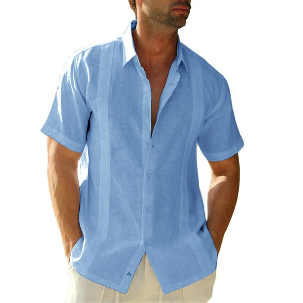 Remikst Mens Short Sleeve Linen Cotton Cuban Shirt Button Down Beach ...