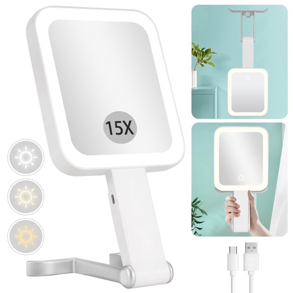DECLUTTR Travel Makeup Mirror, 15x Magnifying Vanity Mirrors, 3 in 1 Hand Held Tabletop Hanging LED Mirror, White