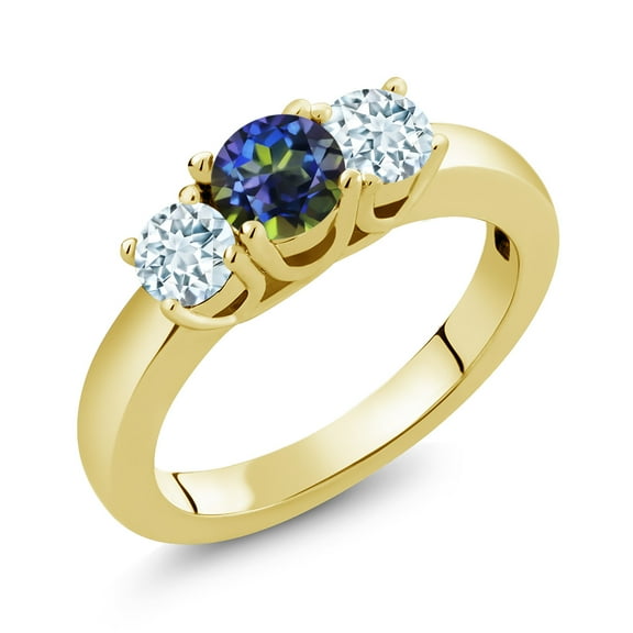 Gem Stone King 1.00 Ct Blue Mystic Topaz Sky Blue Aquamarine 18K Yellow Gold Plated Silver Classic 3-Stone Ring for Women (Size 6)