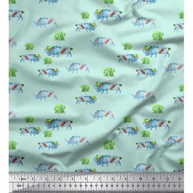 Soimoi Green polyester Crepe Fabric Tree & Rhinoceros Animal Print Fabric by Yard 52 Inch Wide