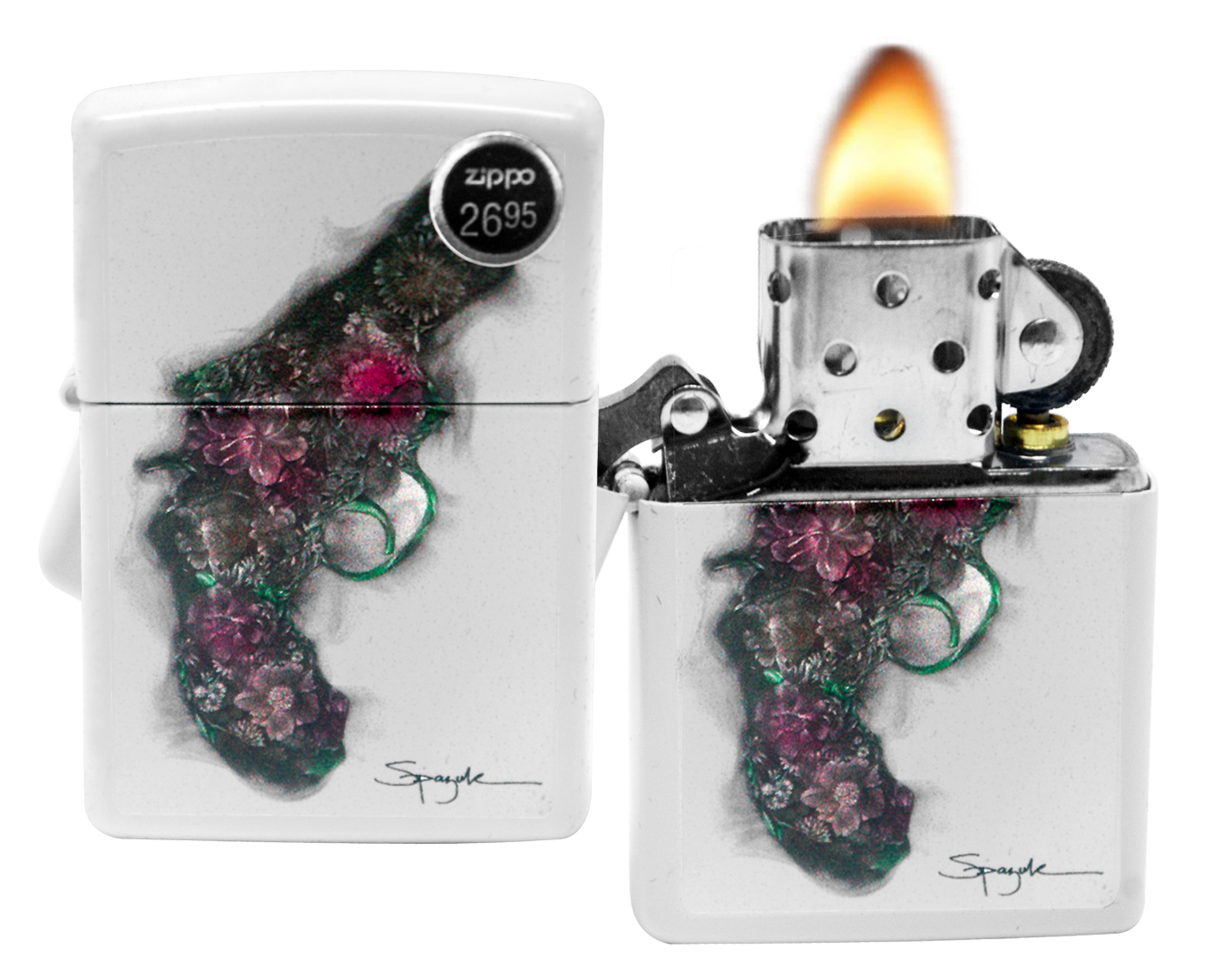 Zippo Lighter 29894 Spazuk Pistol With Flowers White Matte Windproof