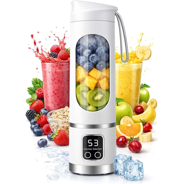 Portable 16oz Wireless Juicer, Portable Blender Personal Electric-Digital Multimode Smart LED Display, 3 Speed12-Blade Fresh Juice Bottle, USB Rechargeable for Shakes and Fruit Juice (White)