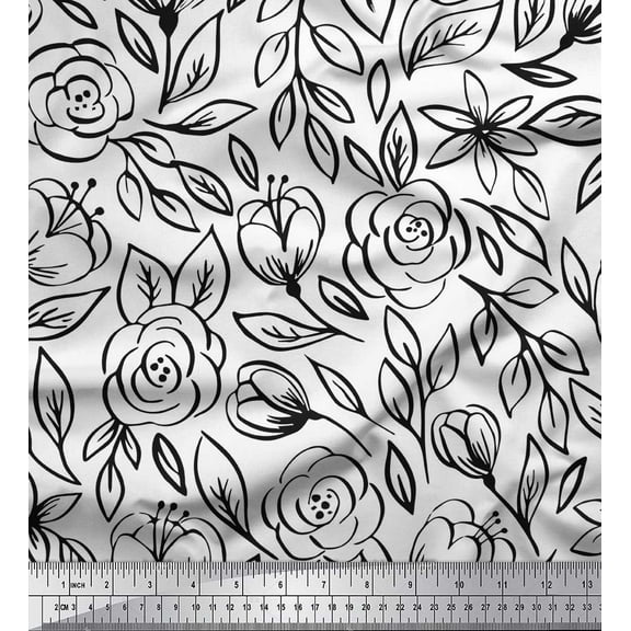 Soimoi Black Cotton Duck Fabric Leaves & Rose Floral Print Fabric by the Yard 42 Inch Wide