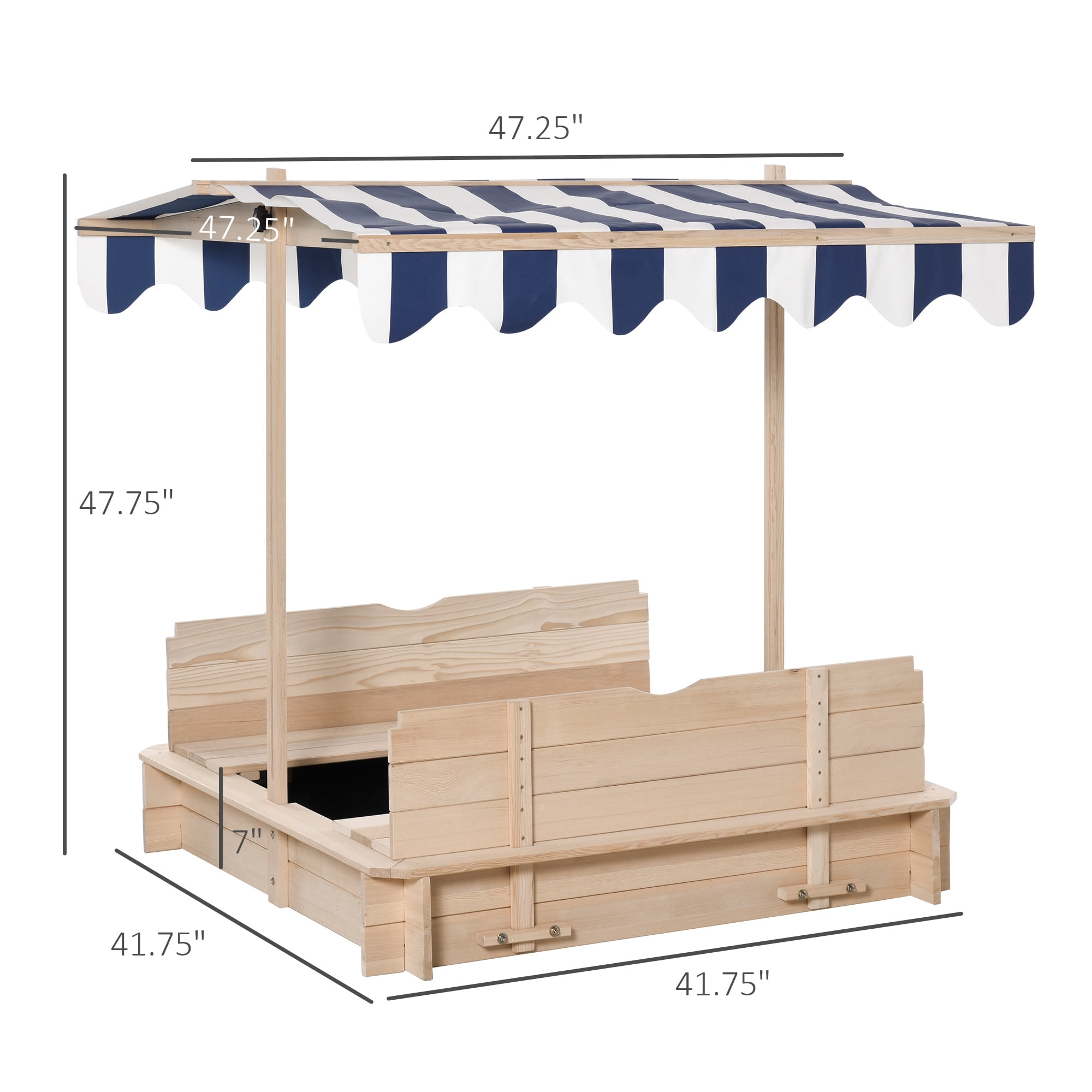 Kids Wooden Sandbox with Adjustable Height & Angle Canopy, Foldable Backrest Bench, Detachable Seats, Non-Woven Bottom Liner, Outdoor Children Sand Play Station for Backyard, Ages 3-7