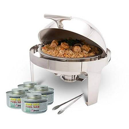 Oblong Roll Top Chafer ProstoWare PWR-1RR, Round Roll-Top Chafer with Stand, Stainless Steel 5 Quart Chafing Dish Set with 4 Chafing Dish Fuels and 16-Inch Stainless Steel Multi-Function Tong ()