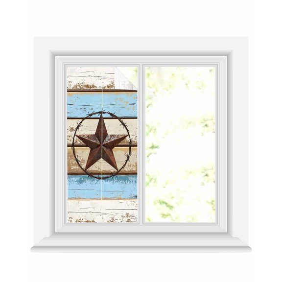 Window Privacy Film Beige Blue Brown Star Stained Glass Window Film Decorative Sun Block Window Cover Texas Star Wooden Vintage Window Clings Static Adhesive Sticker for Bathroom 19.6"x39.3"