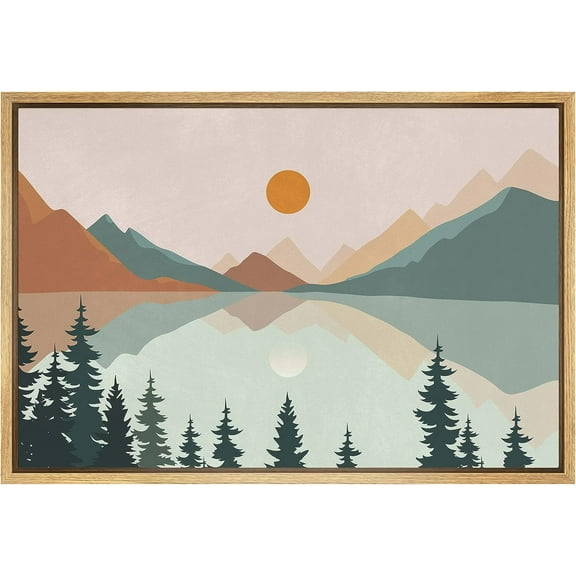 PixonSign Framed Canvas Print Wall Art Pastel Mountain Tree Forest Lake Nature Wilderness Illustrations Modern Art Decorative Boho Minimal Relax/Zen - 16"x24" Natural