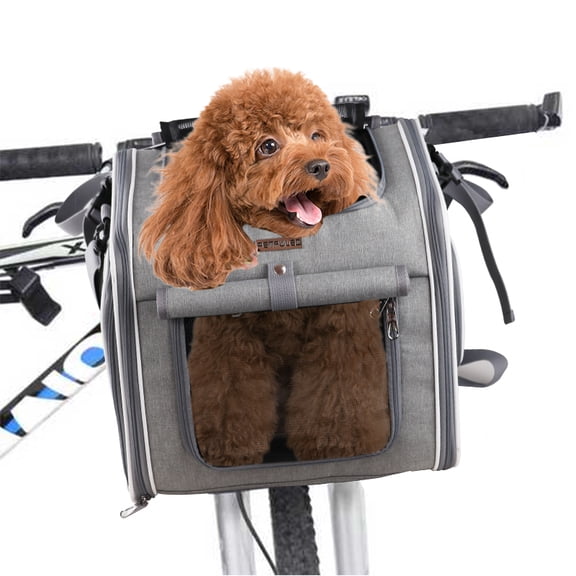 Dog Bike Basket, Soft Sided Ventilated Pet Dog Bike Carrier Backpack for Bicycle Handlebars, Expandable Soft Sided Pet Carrier Backpack with 4 Open Doors and 4 Mesh Windows for Small Dogs