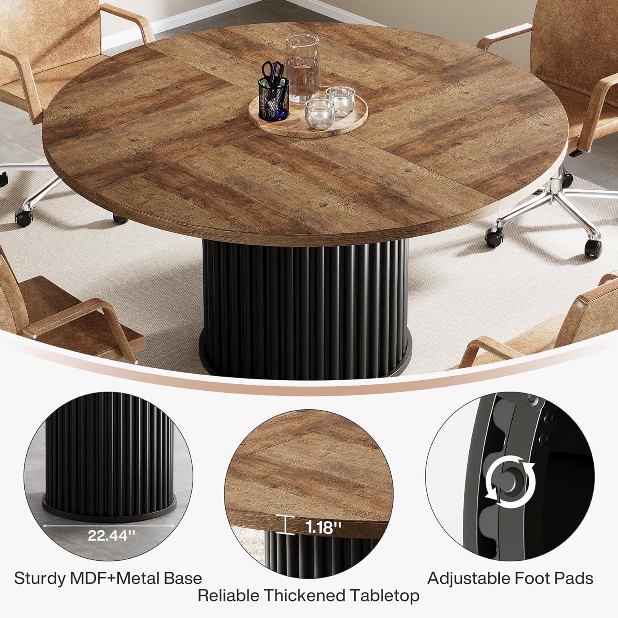47-Inch Round Conference Table, 4-6 Person Space-Saving Meeting Table with Sturdy E1-Grade MDF Top & Metal Base, Perfect for Small Office, Conference Room, Brown + Black