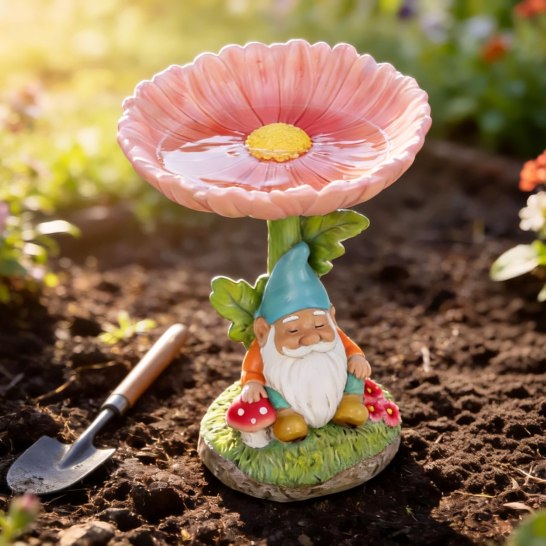The Growing Ground Daisy Gnome Bird Feeder Garden Statue, Outdoor Garden Decor with Flower Bowl for Bird Seed and Water, Pink