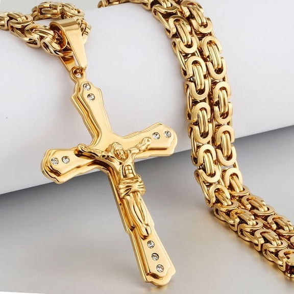 Lordluxury Ancient Men 14K Yellow Gold Crystal Jesus Christ Holy Crucifix Cross Pendant Necklace Byzantine Chain Necklaces Jewelry Gifts