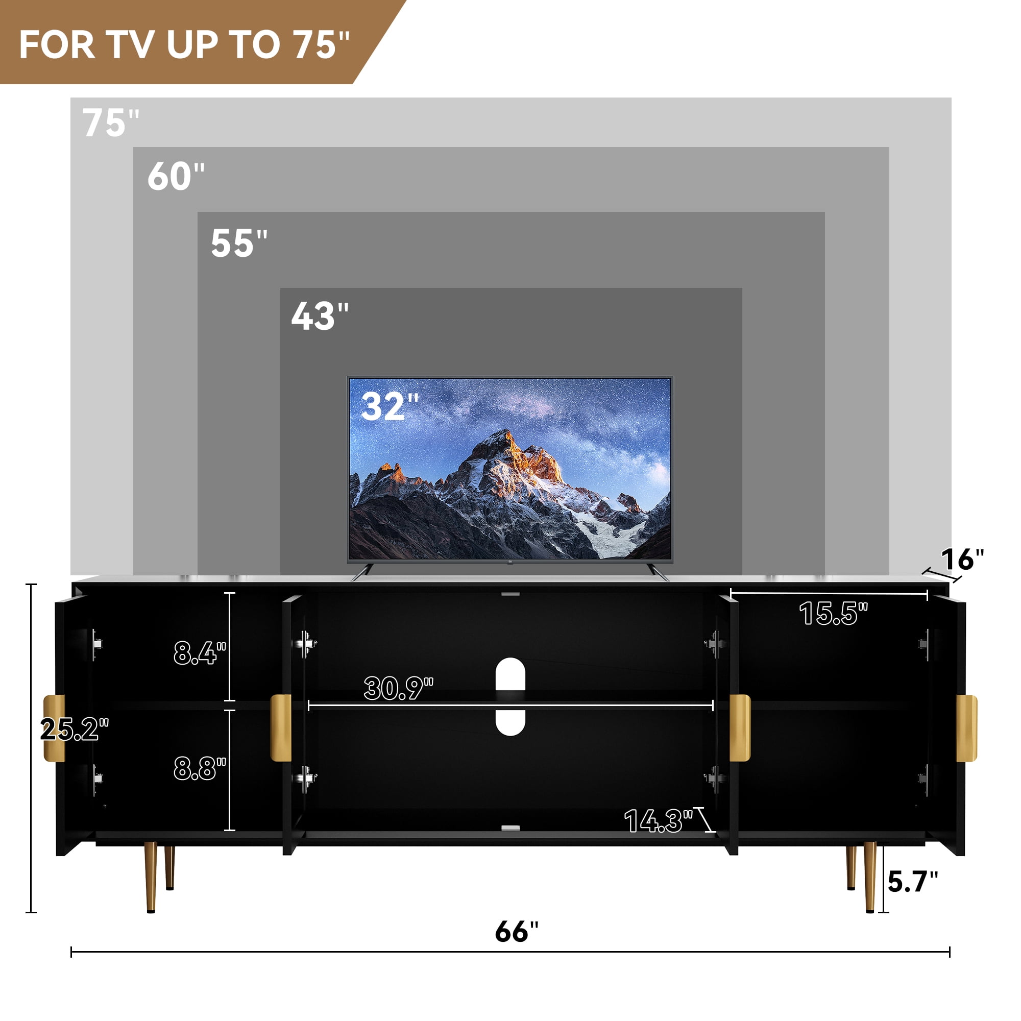 HLR Modern 66" TV Stand, for TVs up to 75", Living Room Entertainment Center with Glass Storage Cabinet, Black