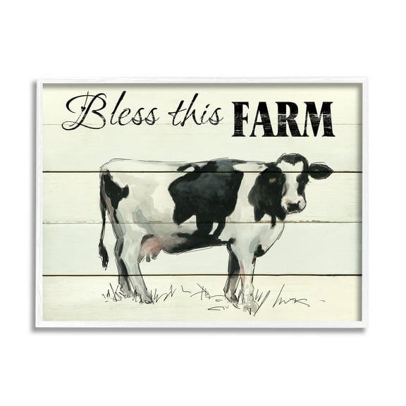 Stupell Industries Bless This Farm Country Phrase Grazing Dairy Cow Religious Painting White Framed Art Print Wall Art, 16 x 20