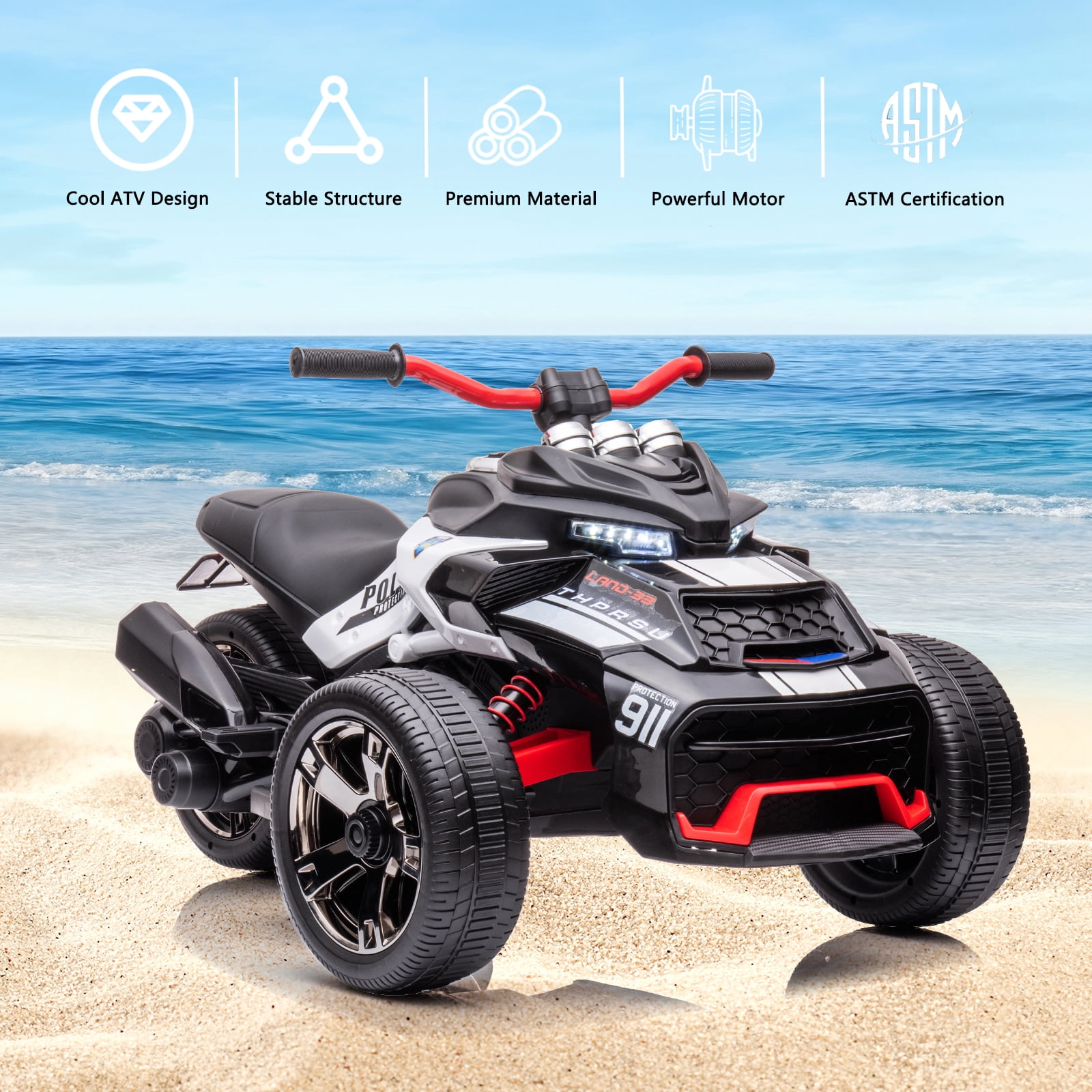 LUIBAS 24V Kids ATV Ride On Motorcycle Electric 3 Wheeler Ride-On Electric ATV Kids Ride On Toys for Kids with Battery Powered Motor, EVA Wheels, w/LED Lights, Bluetooth, MP3 for 3+ Years, Black