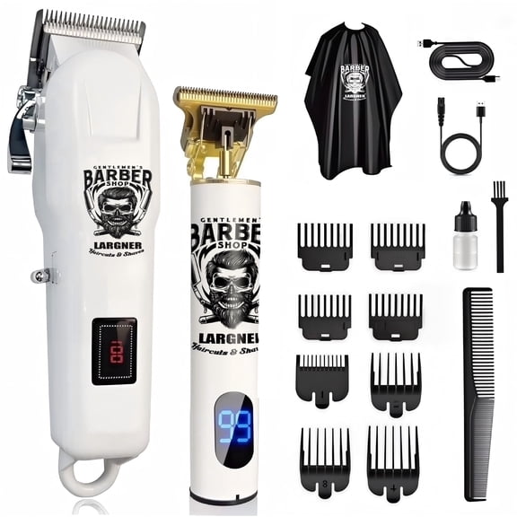 LARGNER 2-in-1 Professional Hair Clippers for Men, Cordless T-Blade Trimmer & Home Haircut Kit with LED Display, White, 20-Piece