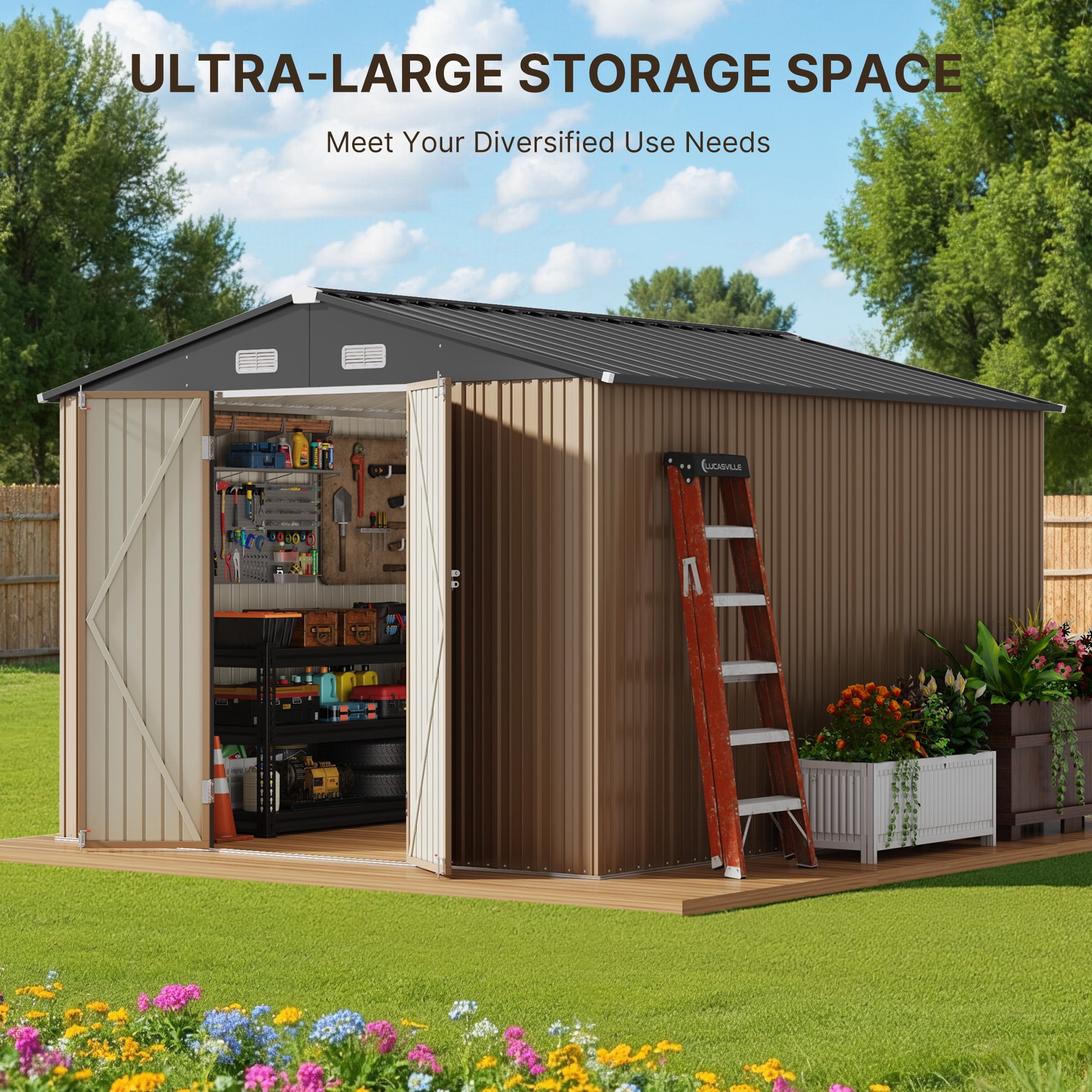 Lofka 10x10 FT Outdoor Storage Shed, Garden Metal Shed with Windproof and Rainproof for Outside, 4 Louvre Vents, Brown