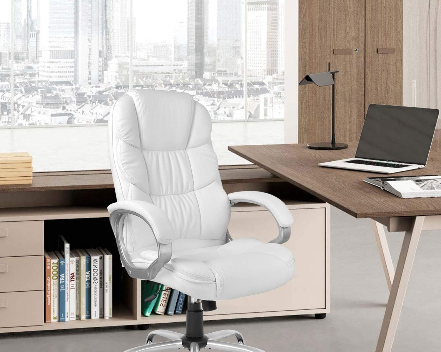 FDW Adult Faux Leather High Back Ergonomic and Adjustable Arms Office Chairs Office Chair, White