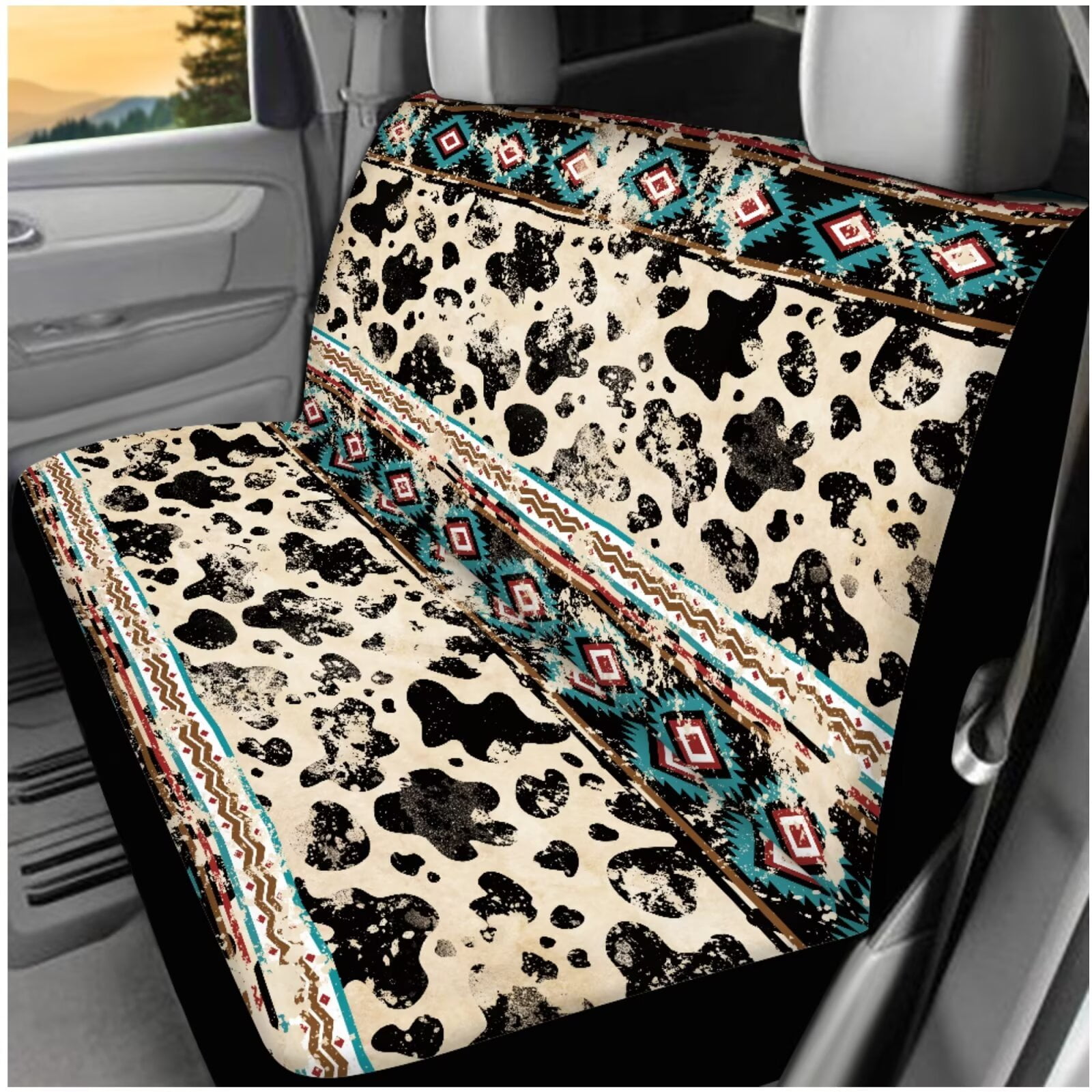 HUIACONG Aztec Cow Print Car Seat Covers Full Set with Steering Wheel Cover Center Console Cover Seat Belt Covers Coasters Headrest Cover Keychain 14 Pcs Universal Fit Most Vehicles SUV Sedan
