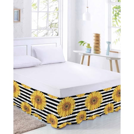 Sunflowers Bed Skirt Queen Size 16 Inch Drop, Black White Strips Farm Watercolor Floral Adjustable Elastic Dust Ruffles Bedskirt for Queen Bed Wrap Around Pleated Mattress Frame Cover