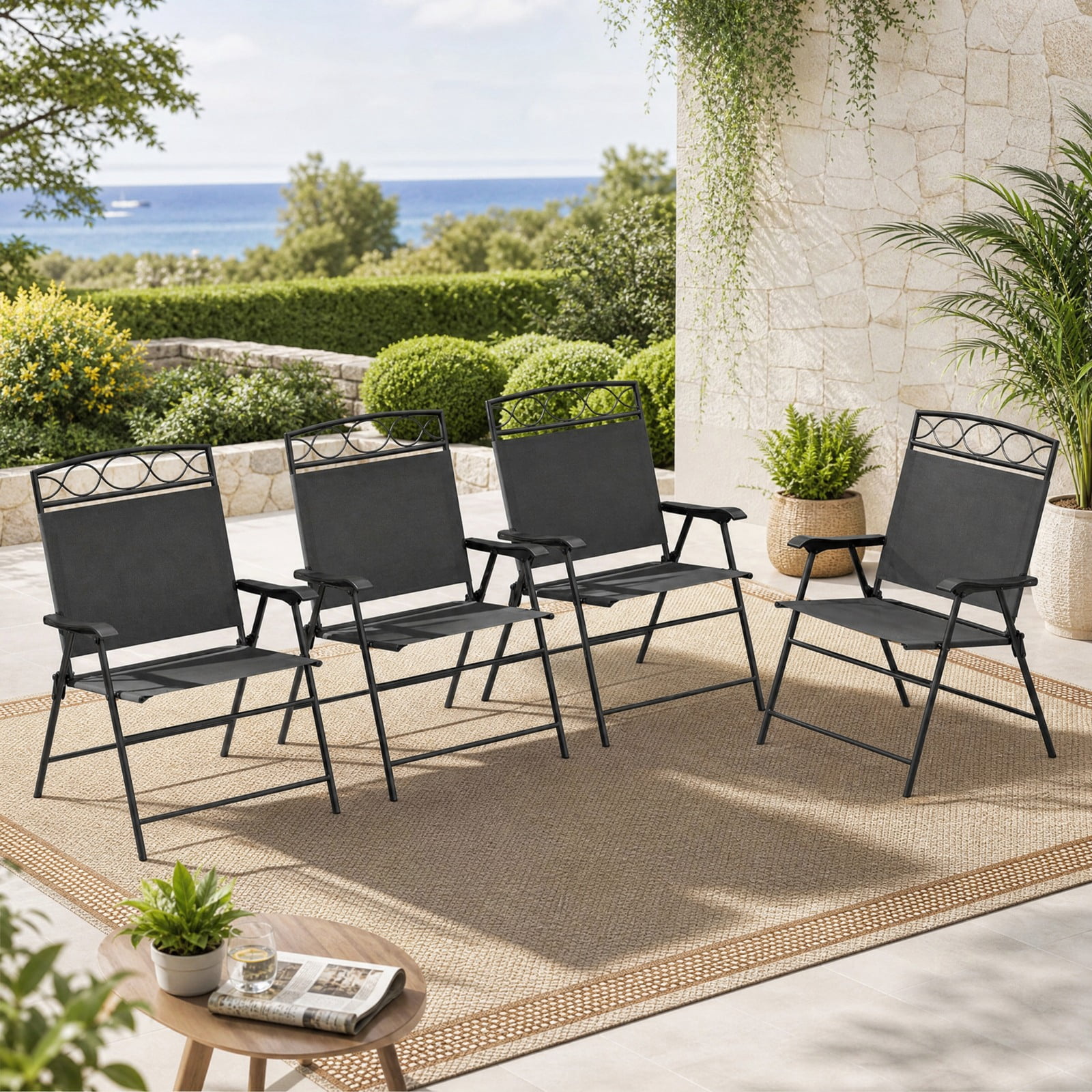 Furnibear Patio Folding Dining Chairs Set of 4 with Armrests and Padded Fabric Seat for Outdoor and Indoor Kitchen Dining, Gray