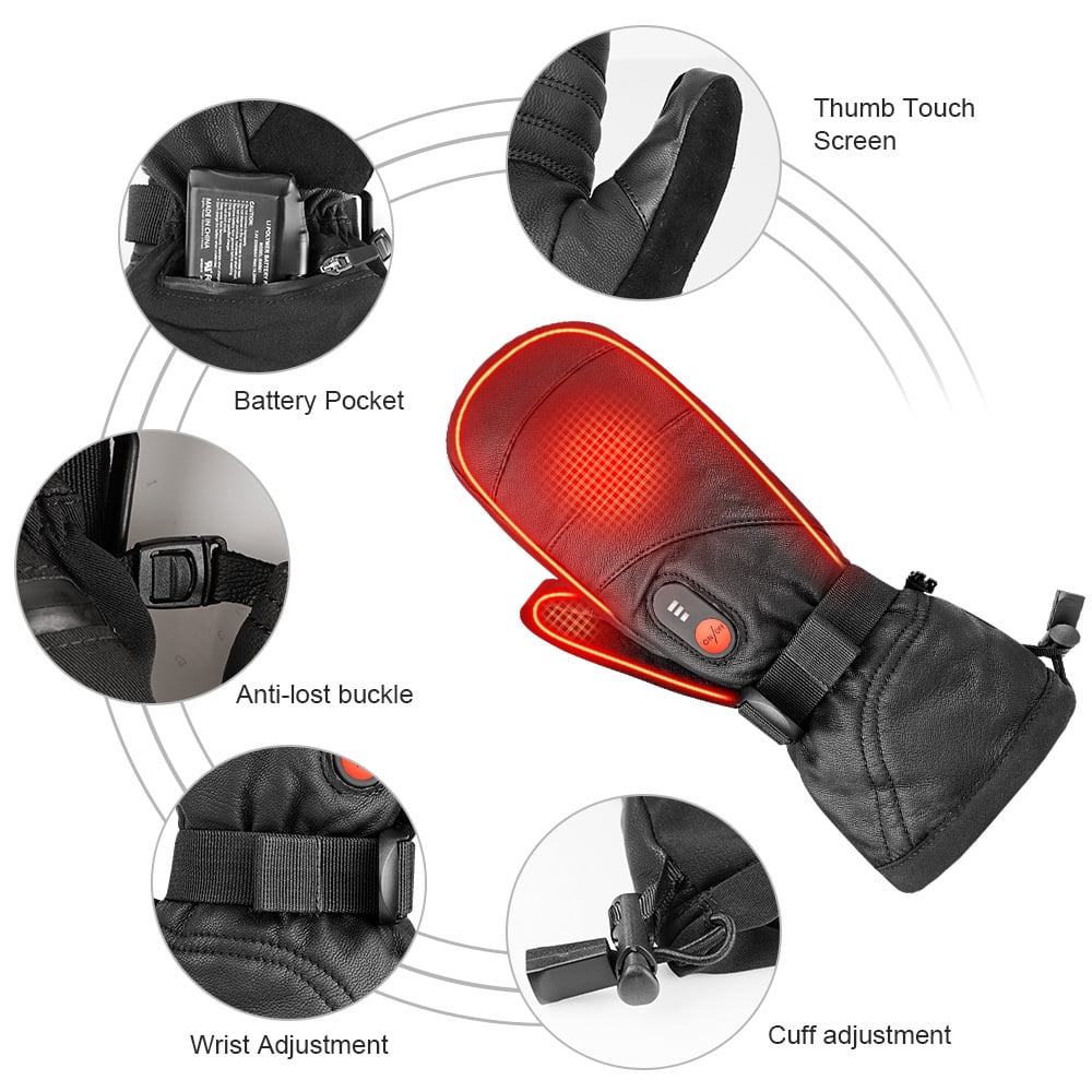 Sun Will Black Leather Waterproof Snow Gloves, Rechargeable Heated Touch Screen Warm Ski Mittens S-2XL