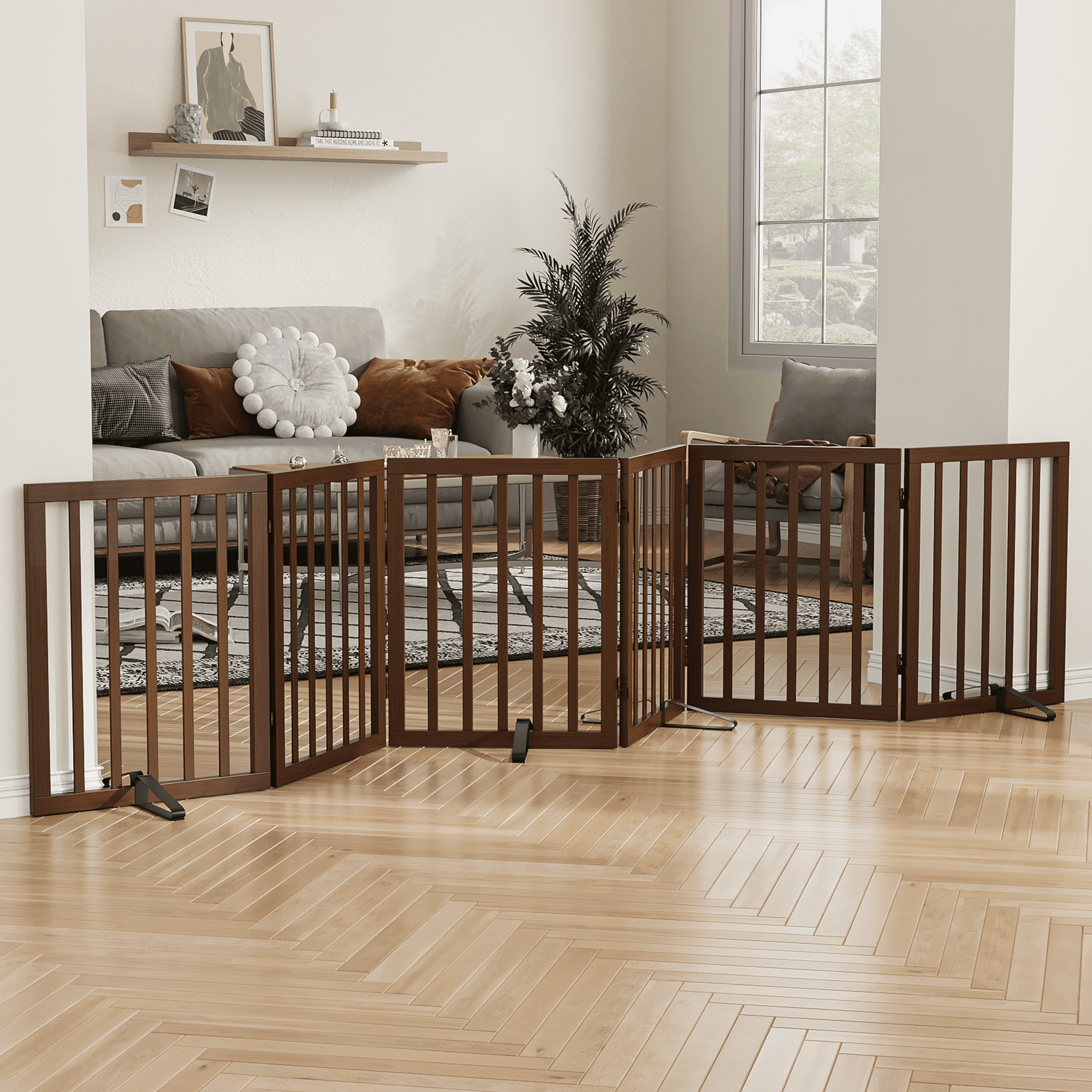 Smart FENDEE Bamboo Dog Gate Freestanding 6 Panel Pet Gate for Doorways, 4 Support Feet, Espresso