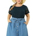 thumbnail image 5 of Agnes Orinda Women's Plus Size Tops Lace Panel Hollow Short Sleeves Spring Summer Solid Blouses 2X Dark Blue, 5 of 7