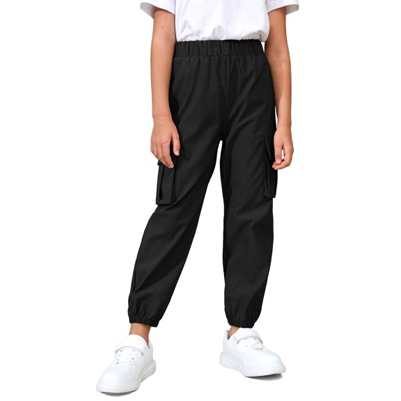 Actgleam Boys Girls Cargo Pants with Pockets Elastic Waist Joggers Trousers for Kids,Black,9-10Years