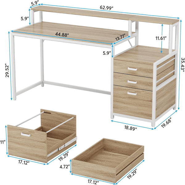 Ergonomic Computer Desk with File Cabinet - 62.99"L Monitor Stand, 45W×19.68D Desktop, 2 Drawers, 2-Year Warranty - for Home Office & Gaming